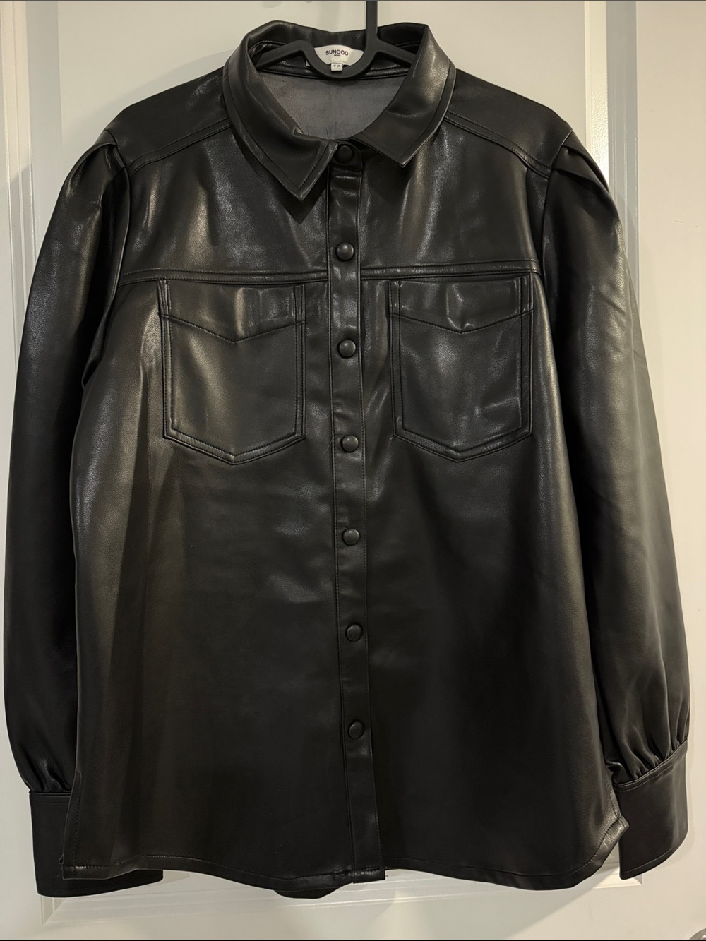 Suncoo Black Faux Leather Button-Front Shirt Jacket - #255
